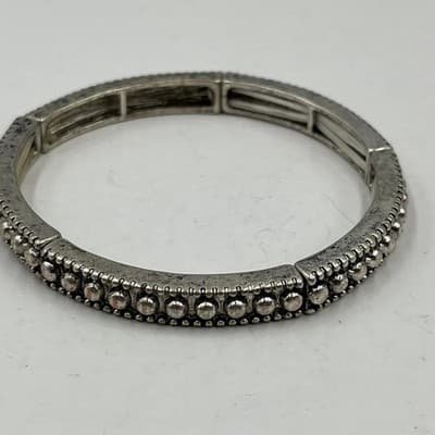Vintage Silver Tone Stacking Stretch Bracelet Lot Mixed Boho Textured Bangle Set - Thumbnail 6