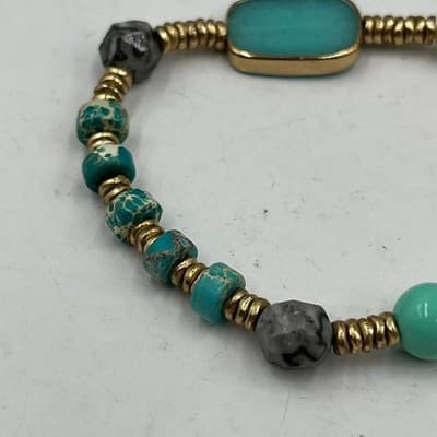 VTG Mixed Stone & Pearl Stretch Bracelet Turquoise Jasper Magnesite - Gold Tone - Thumbnail 3