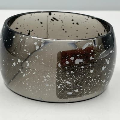 Vintage Smoky Grey Acrylic Bangle Bracelet White Speckled Splatter Paint Chunky - Thumbnail 6