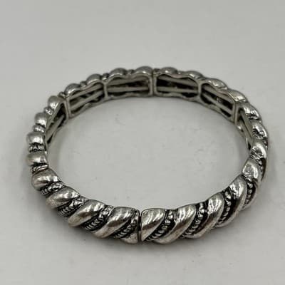 Vintage Silver Tone Stacking Stretch Bracelet Lot Mixed Boho Textured Bangle Set - Thumbnail 4