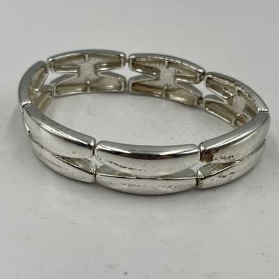 Vintage Silver Tone Stacking Stretch Bracelet Lot Mixed Boho Textured Bangle Set - Thumbnail 2
