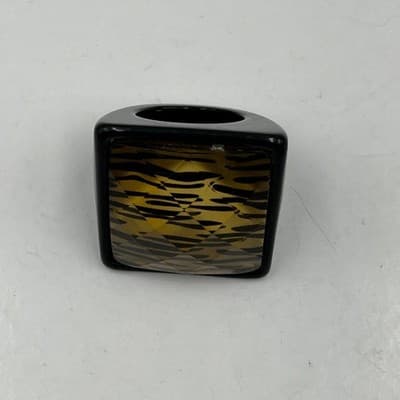 Vintage Chunky Black Acrylic Lucite Cocktail Ring Tiger Stripe Square Faceted - Thumbnail 2