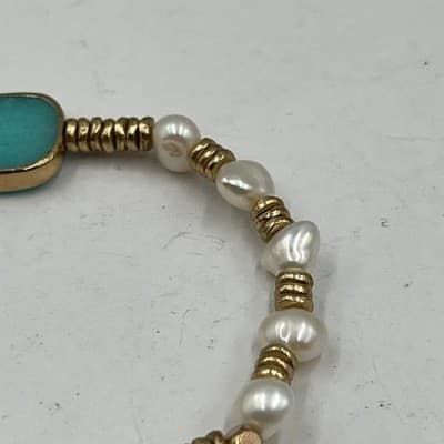 VTG Mixed Stone & Pearl Stretch Bracelet Turquoise Jasper Magnesite - Gold Tone - Thumbnail 4