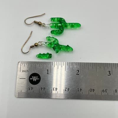 Artisan Handcrafted Glass Jewelry Set Green Cactus Earrings Amber Beads Necklace - Thumbnail 4