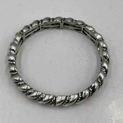 Vintage Silver Tone Stacking Stretch Bracelet Lot Mixed Boho Textured Bangle Set - Thumbnail 5