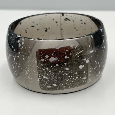 Vintage Smoky Grey Acrylic Bangle Bracelet White Speckled Splatter Paint Chunky - Thumbnail 4