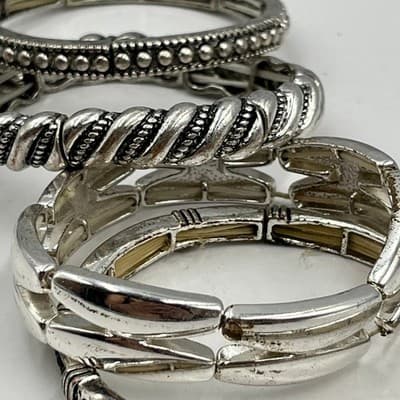 Vintage Silver Tone Stacking Stretch Bracelet Lot Mixed Boho Textured Bangle Set - Thumbnail 10