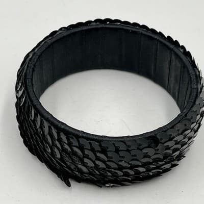 Vintage Black Sequin Bangle Bracelet Glam Disco Shimmer Statement Cuff 7" Sizing - Thumbnail 2