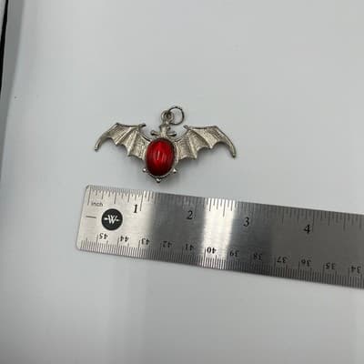 VTG Gothic Silver Bat Pendant Red Cabochon Stone Vampire Halloween Jewelry Charm - Thumbnail 6