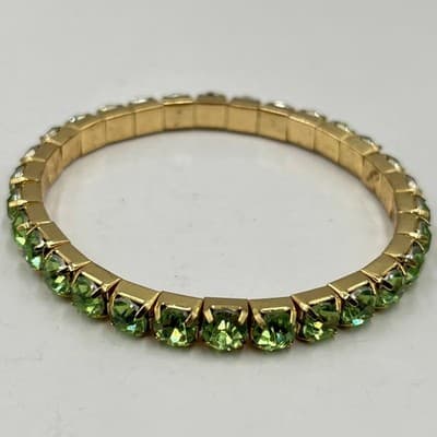 Vintage Gold Tone Green Clear Crystal Stackable Stretch Bangle Bracelet Set 3pc - Thumbnail 4