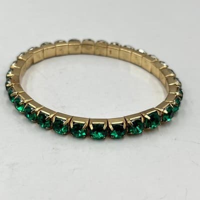 Vintage Gold Tone Green Clear Crystal Stackable Stretch Bangle Bracelet Set 3pc - Thumbnail 2