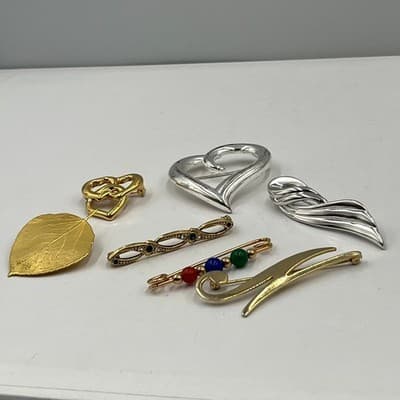 VTG Brooch Lot Gold Silver Tone Heart Leaf Swirl Safety Pin 7pc Jewelry Bundle - Thumbnail 15