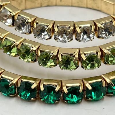 Vintage Gold Tone Green Clear Crystal Stackable Stretch Bangle Bracelet Set 3pc - Thumbnail 6