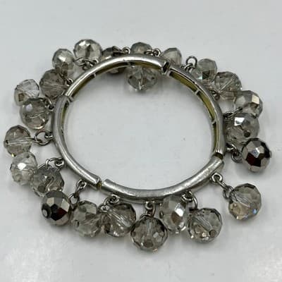 Vintage Silver Tone Charm Bangle Bracelet Clear Faceted Glass Crystal Beads 7"