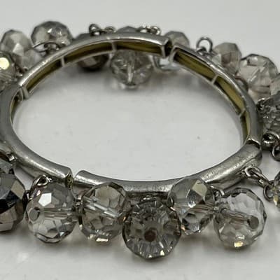 Vintage Silver Tone Charm Bangle Bracelet Clear Faceted Glass Crystal Beads 7" - Thumbnail 2