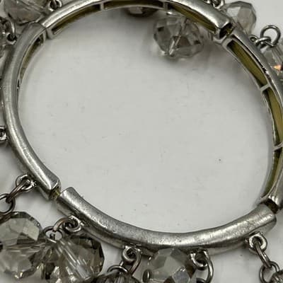 Vintage Silver Tone Charm Bangle Bracelet Clear Faceted Glass Crystal Beads 7" - Thumbnail 3