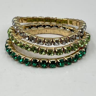 Vintage Gold Tone Green Clear Crystal Stackable Stretch Bangle Bracelet Set 3pc - Thumbnail 7