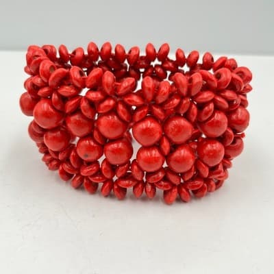 Vintage Boho Wood Bead Stretch Bracelet Set Red & Multicolor Chunky Layered Cuff - Thumbnail 2