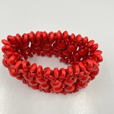 Vintage Boho Wood Bead Stretch Bracelet Set Red & Multicolor Chunky Layered Cuff - Thumbnail 3