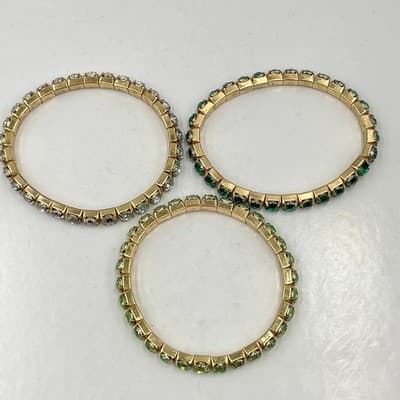 Vintage Gold Tone Green Clear Crystal Stackable Stretch Bangle Bracelet Set 3pc - Thumbnail 5