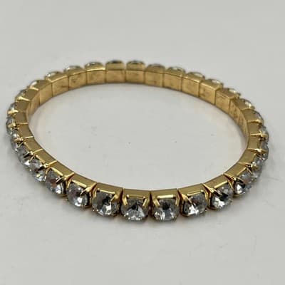 Vintage Gold Tone Green Clear Crystal Stackable Stretch Bangle Bracelet Set 3pc - Thumbnail 3