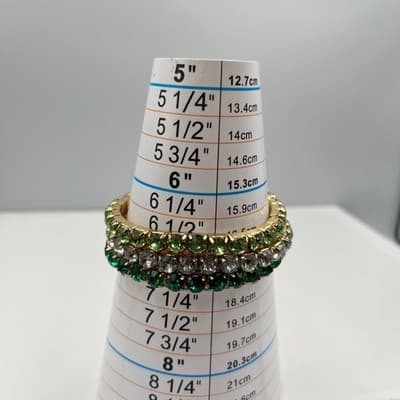 Vintage Gold Tone Green Clear Crystal Stackable Stretch Bangle Bracelet Set 3pc - Thumbnail 8