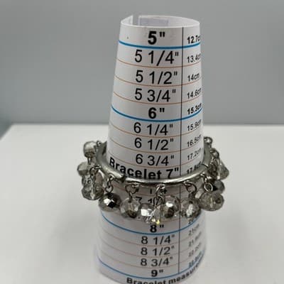 Vintage Silver Tone Charm Bangle Bracelet Clear Faceted Glass Crystal Beads 7" - Thumbnail 5