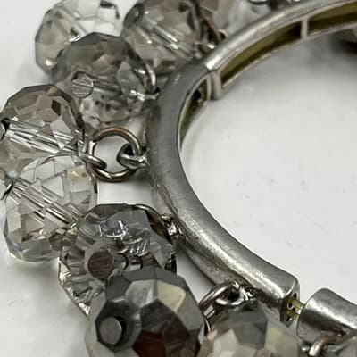Vintage Silver Tone Charm Bangle Bracelet Clear Faceted Glass Crystal Beads 7" - Thumbnail 4