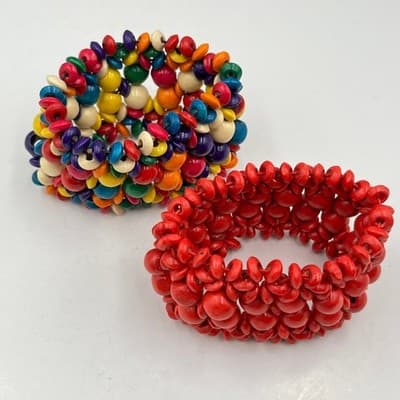Vintage Boho Wood Bead Stretch Bracelet Set Red & Multicolor Chunky Layered Cuff - Thumbnail 6