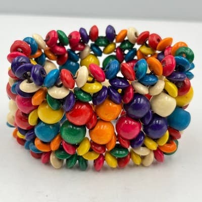 Vintage Boho Wood Bead Stretch Bracelet Set Red & Multicolor Chunky Layered Cuff - Thumbnail 4