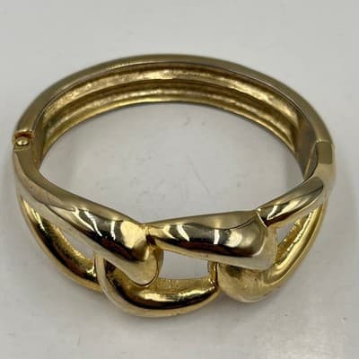Vintge Gold Tone Statement Chunky Curb Link Hinge Bangle Bracelet Bold Fashion - Thumbnail 2