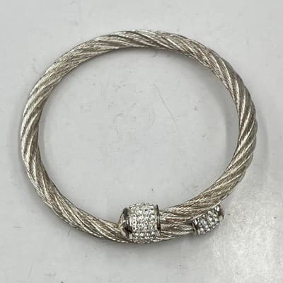 Vintage Silver Tone Twisted Cable Bangle Bracelet Sparkling Pave Crystal End Cap - Thumbnail 5