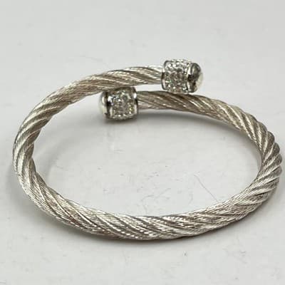 Vintage Silver Tone Twisted Cable Bangle Bracelet Sparkling Pave Crystal End Cap - Thumbnail 3