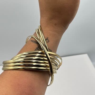 Vintage Gold Tone Stackable Bangle Bracelet Set Multi-Strand High Polish Jewelry - Thumbnail 7