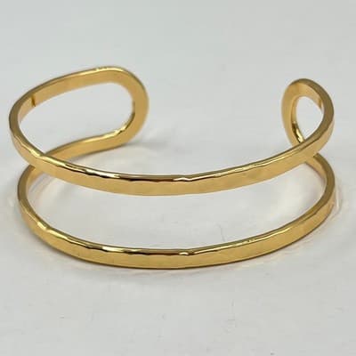 Vintage Gold Tone Hammered Texture Hinged Bangle Bracelet Minimalist Statement - Thumbnail 3