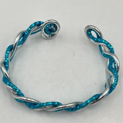 Vintage Handmade Blue Braided Bangle Bracelet - Twisted Silver Teal Jewelry Gift - Thumbnail 2