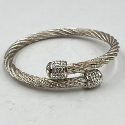 Vintage Silver Tone Twisted Cable Bangle Bracelet Sparkling Pave Crystal End Cap - Thumbnail 4