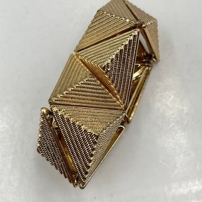 Vintage Geometric Gold Tone Textured Triangle Panel Stretch Cuff Bracelet Chic - Thumbnail 5