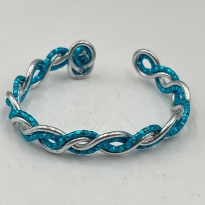 Vintage Handmade Blue Braided Bangle Bracelet - Twisted Silver Teal Jewelry Gift