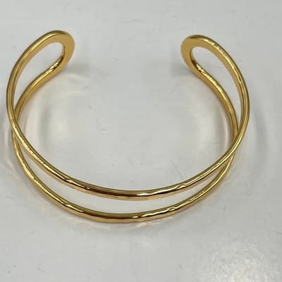 Vintage Gold Tone Hammered Texture Hinged Bangle Bracelet Minimalist Statement - Thumbnail 2