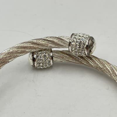 Vintage Silver Tone Twisted Cable Bangle Bracelet Sparkling Pave Crystal End Cap - Thumbnail 2