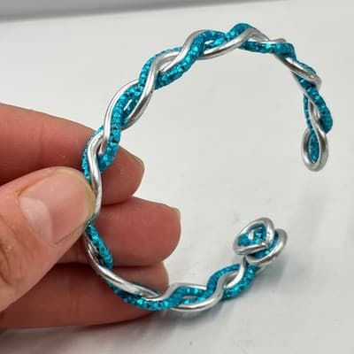 Vintage Handmade Blue Braided Bangle Bracelet - Twisted Silver Teal Jewelry Gift - Thumbnail 3