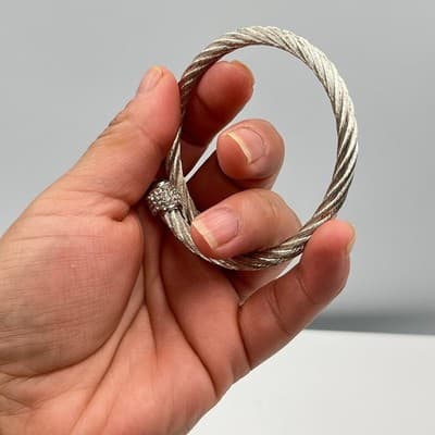 Vintage Silver Tone Twisted Cable Bangle Bracelet Sparkling Pave Crystal End Cap - Thumbnail 6