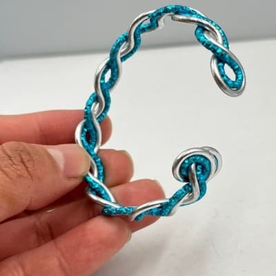 Vintage Handmade Blue Braided Bangle Bracelet - Twisted Silver Teal Jewelry Gift - Thumbnail 4