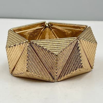 Vintage Geometric Gold Tone Textured Triangle Panel Stretch Cuff Bracelet Chic - Thumbnail 4