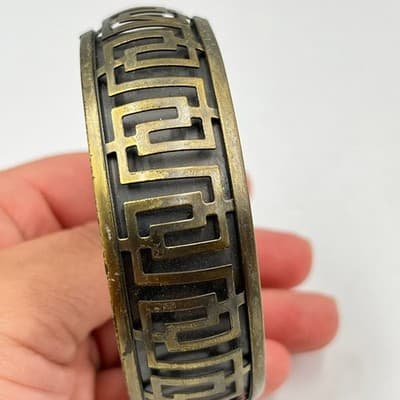 Vintage Greek Key Bangle Bracelet Antique Gold Tone Meander Pattern Boho Jewelry - Thumbnail 6