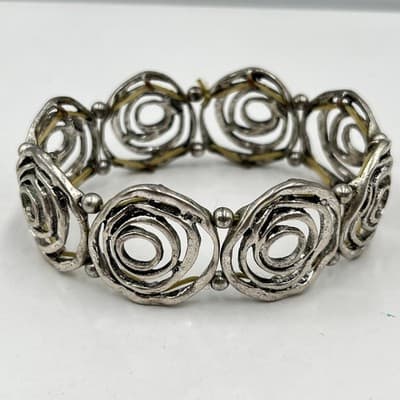 VTG Silver Tone Stretch Bracelet Set 3 Pc Geometric Rosette Rhinestone Stackable - Thumbnail 2
