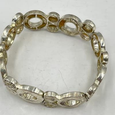 VTG Silver Tone Stretch Bracelet Set 3 Pc Geometric Rosette Rhinestone Stackable - Thumbnail 7