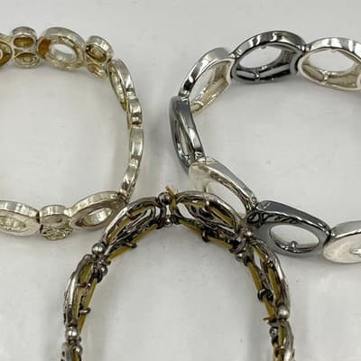 VTG Silver Tone Stretch Bracelet Set 3 Pc Geometric Rosette Rhinestone Stackable - Thumbnail 8