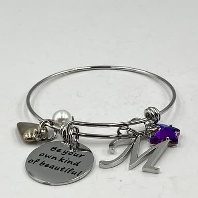 Vintage Silver Initial M Charm Bangle Bracelet Be Your Own Kind of Beautiful - Thumbnail 4